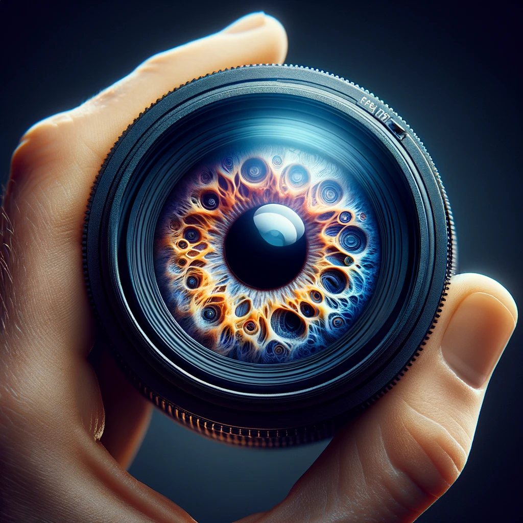Un appareil photo professionnel pointé vers un œil, capturant l'unique beauté de l'iris.