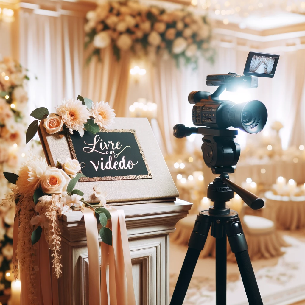 image représentant un livre d'or vidéo pour un mariage est prête - Tu peux la voir ci-dessus - C'est un coin élégamment décoré pour que les invités puissent laisser des messages vidéo