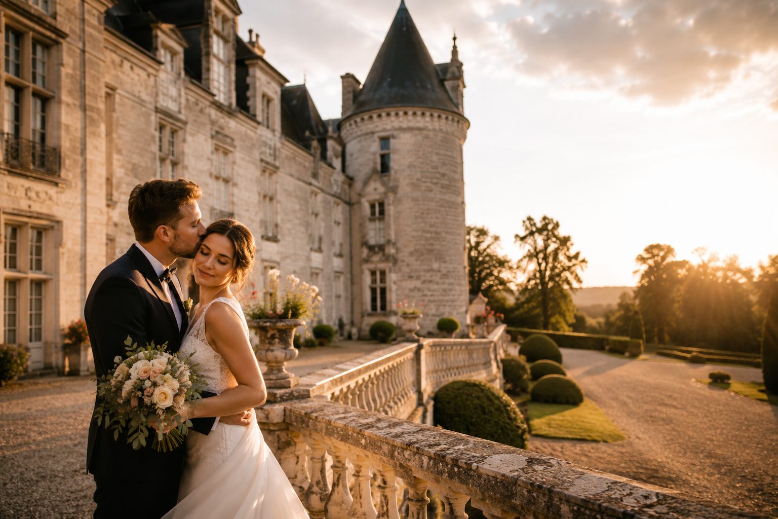 Mariage romantique au château au coucher du soleil