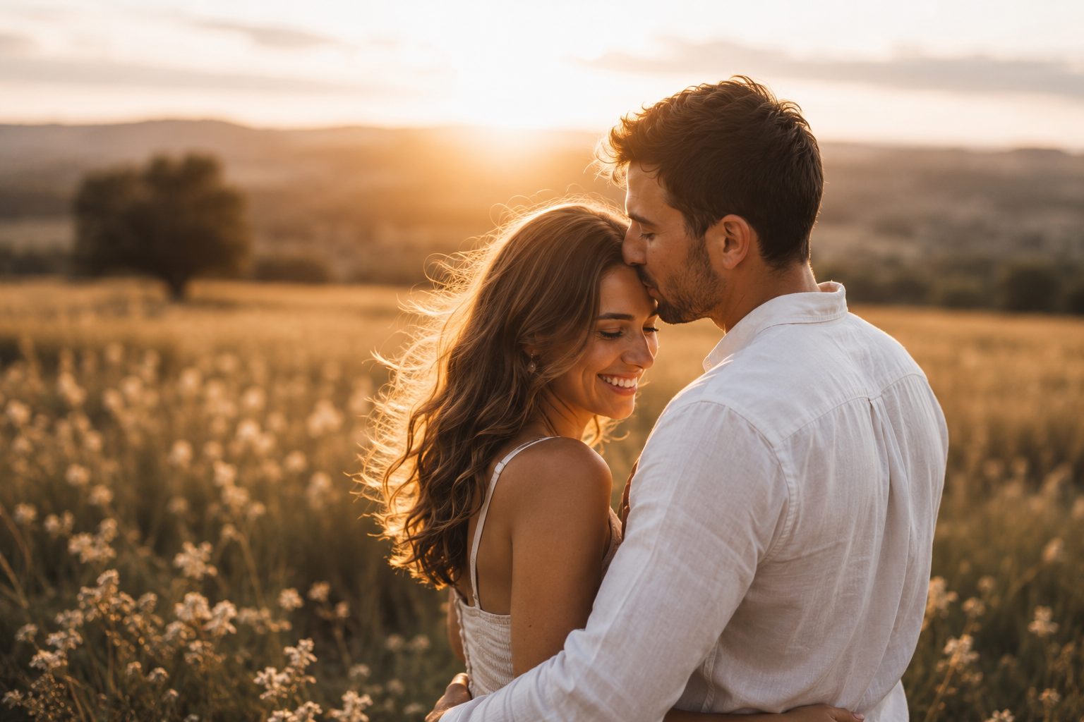 Couple pendant une séance photo engagement en extérieur