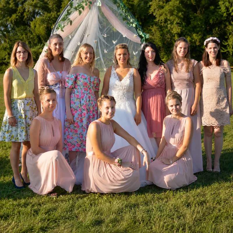 Portrait de groupe élégant autour de la mariée