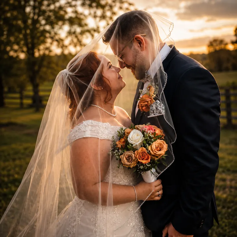Moment intense et tendre entre les mariés au coucher du soleil